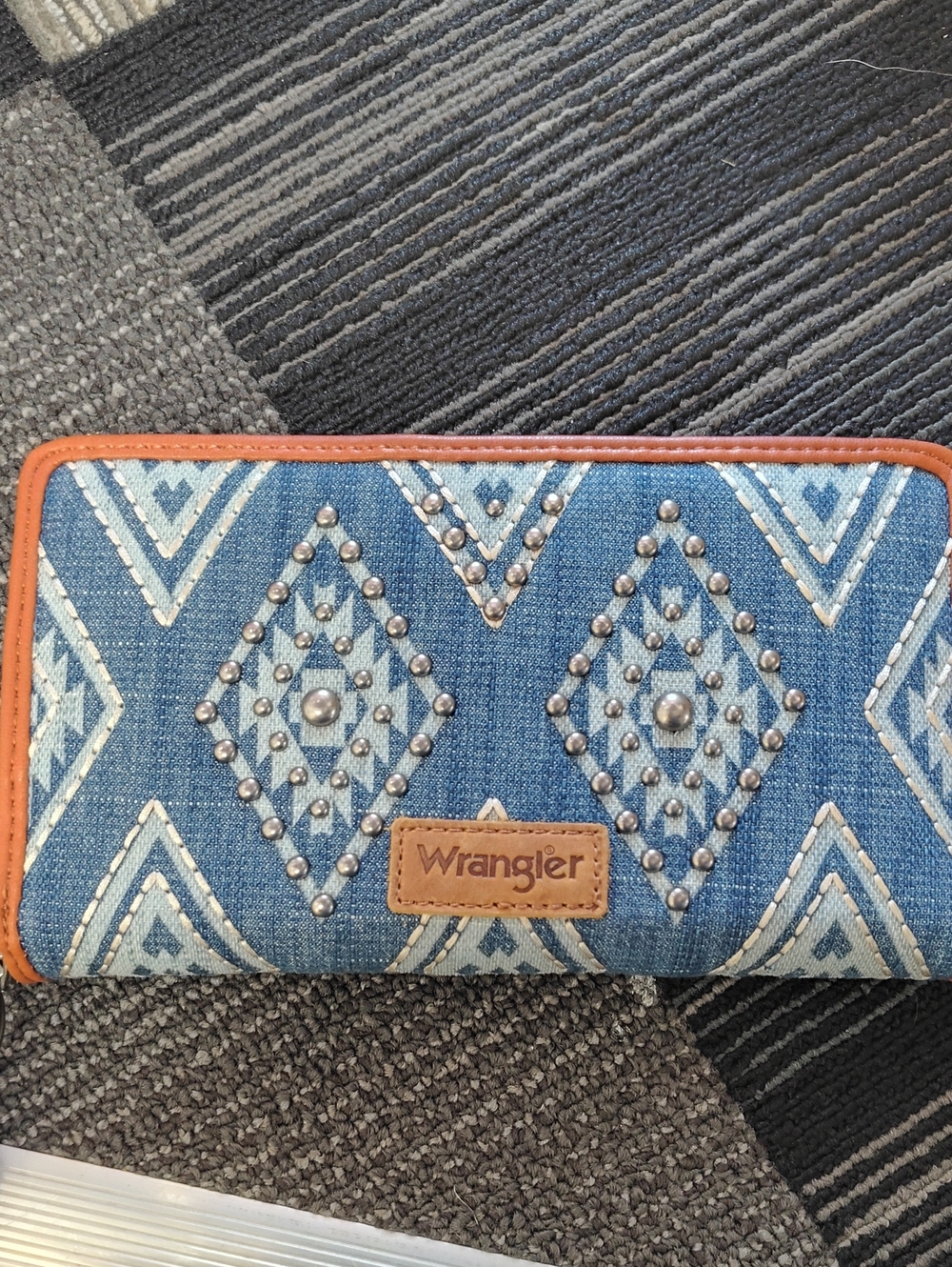Wrangler Blue Denim Wallet with Brown Trim and Studs